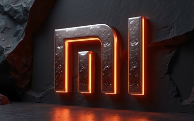 logotipo de xiaomi metal, arte 3d, fondo de piedra negra, marcas electrónicas, creativo, logo de xiaomi 3d, obra de arte, logotipo de xiaomi, xiaomi