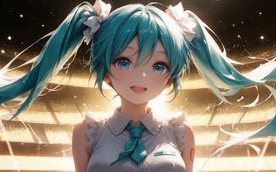 4k, Hatsune Miku, spotlights, blue hair, Vocaloid, CV01, concert, Vocaloid 01, Vocaloid characters, Hatsune Miku Vocaloid