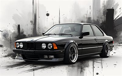 BMW M5, 4k, abstract art, E24, tuning, black white backgrounds, creative, Black BMW M5, BMW M5 E24, german cars, BMW
