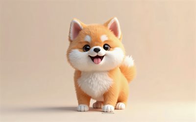 4k, süße 3d shiba inu, cartoon 3d shiba inu, süße hunde, shiba inu, 3d  hunde, cartoon 3d  hunde, lustiger shiba inu, little shiba inu, orangefarbener hintergrund