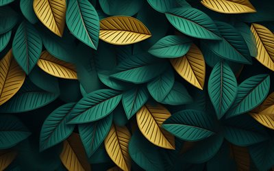 abtract leaves, 4k, 3D art, natural textures, 3D leaves, abstract nature backgrounds, ecology concept, green nature, leaves