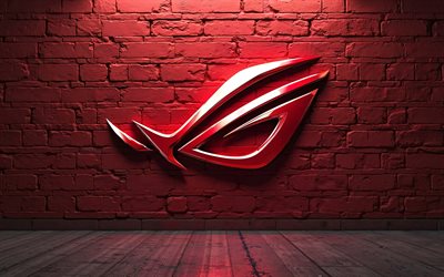 4k, rogo rog red metal, brickwall rouge, république des joueurs, logo rog 3d, œuvres d'art, asus rog, logo de la république des joueurs, logo rog, asus, rog
