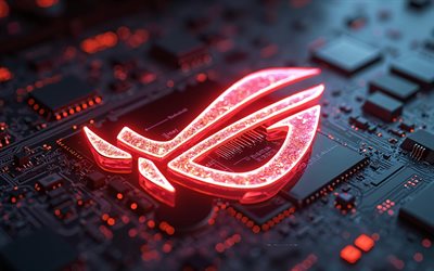 rog 3d 새로운 로고, asus 로고, 빨간 네온 로그 로고, 로그 엠블럼, 게이머 공화국, 하이테크 현실적인 배경, 로그