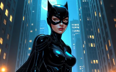 mulher  gato, 4k, obra de arte, super  heróis, marvel comics, nightscape, arte de quadrinhos, art abstrato, catwoman 4k