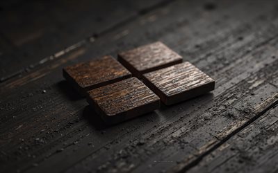 Windows 11 logo, 4k, dark wooden background, Windows 11, Windows logo, Windows 11 3d dark wooden logo, Microsoft logo, Windows emblem, Windows