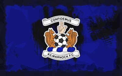 kilmarnock fc grunge  logo, 4k, skotlantilainen pääministeri, sininen grunge  tausta, jalkapallo, kilmarnock fc  tunnus, kilmarnock fc  logo, kilmarnock fc, skotlannin jalkapalloseura, fc kilmarnock