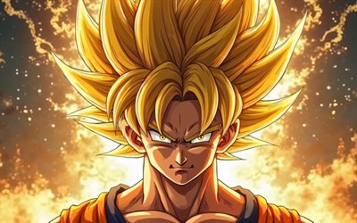 4k, Golden Goku, close-up, yellow fire flames, Dragon Ball Super, manga, abstract art, DBZ, Goku SSJ3, Golden Goku Dragon Ball, Goku Super Saiyan 3, DBS, Son Goku