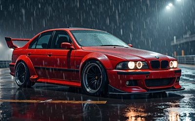 Red BMW M5, 4k, rain, E39, night, artwork, parking, supercars, tunnig, BMW M5 E39, creative, BMW M5, german cars, BMW