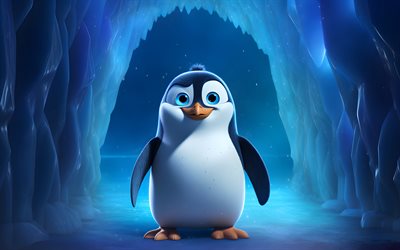 pingüino de dibujos animados, 4k, noche, cueva de la nieve, arte 3d, animales de dibujos animados, pingüino divertido, pingüino 3d, pingüinos