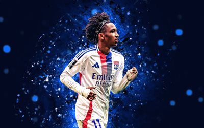 malick fofana, 4k, néons bleus, lyon, ligue 1, footballeurs belges, malick fofana 4k, football, olympique lyonnais, malick fofana lyon
