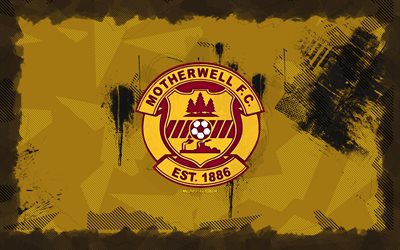 Motherwell FC grunge logo, 4k, Scottish Premiership, yellow grunge background, soccer, Motherwell FC emblem, football, Motherwell FC logo, Motherwell FC, Scottish football club, FC Motherwell