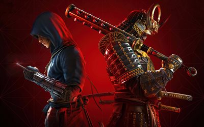 Naoe, Yasuke, 4k, protagonists, Assassins Creed Shadows, 2025 games, Naoe Assassins Creed, Yasuke Assassins Creed, poster, Assassins Creed