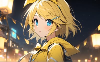 rin kagamin, 4k, cv02, vokaloid, nacht, laternen, blaue augen, protagonisten, manga, digitale kunst, vokaloidfiguren, kagamine rin, japanische virtuelle sänger, rin kagamine vocaloid