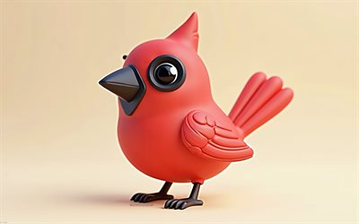 4k, netter 3d  roter kardinalvogel, cartoon 3d red cardinal vogel, süße vögel, waschbär, 3d  tiere, cartoon 3d vögel, lustiger roter kardinalvogel, kleiner roter kardinalvogel, orangefarbener hintergrund