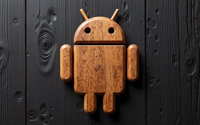 Android logo, 4k, creative art, Android 3d brown wooden logo, black wooden backround, Android 3d logo, Android, 3d Android emblem