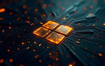 windows 11 keltainen logo, 4k, musta hi tech tausta, mikroilut, kapellimestarit, os  tuotemerkit, luova, windows 11  logo mikropiirissä, tuotemerkit, windows 11 metal  logo, taideteos, windows 11  logo, windows 11