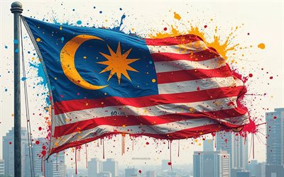 Malaysian flag, 4k, grunge art, Malaysia flag on the flagpole, Malaysian paint splashes flag, Malaysia, Malaysia flag, flag of Malaysia