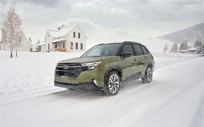 4k, 스바루 포스터 하이브리드, 겨울, suv, 2025 자동차, 강설량, 그린 스바루 포레스터, 2025 스바루 포레스터, 일본 자동차, 스바루 포레스터, 스바루