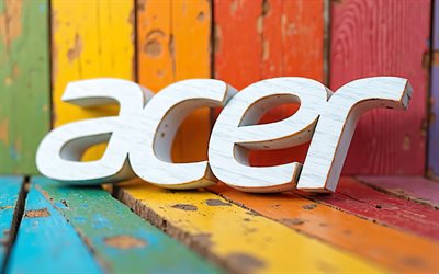 4k, Acer white logo, colorful wooden backgrounds, bokeh, Acer 3D logo, Acer wooden logo, artwork, Acer logo, electronics brands, Acer