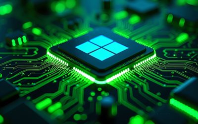windows 11 logo, chip auf motherboard, windows 11 blue neon logo, fenster, grüne neonlichter, windows 11 emblem, windows 11, kreative kunst, windows  logo
