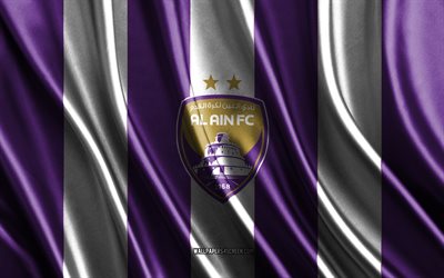 4k, Al Ain FC logo, Saudi Pro League, purple white silk texture, Al Ain FC flag, Saudi football club, soccer, silk flag, Al Ain FC emblem, Saudi Arabia, Al Ain FC badge, Al Ain FC