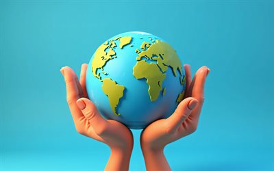 salva la terra, 4k, 3d globe nelle mani, 3d earth globe nelle mani, di alta qualità, cartuny hands cartoon globe, sfondo blu, salva concetti della terra, salva lo sfondo della terra