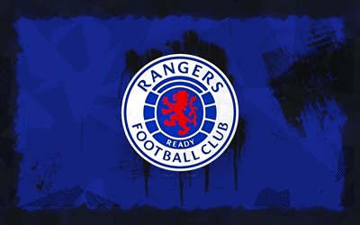 rangers fc grunge  logo, 4k, skotlantilainen pääministeri, sininen grunge  tausta, jalkapallo, rangers fc  tunnus, rangers fc  logo, rangers fc, skotlannin jalkapalloseura, fc rangers, glasgow rangers