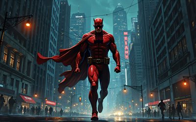 4k, huimapäinen, pilvenpiirtäjät, sarjakuvataide, supersankarit, marvel  sarjakuvat, yömaisema, abstrakti taide, daredevil 4k