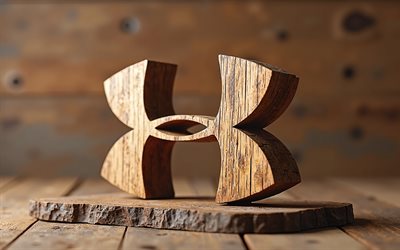 logo en bois sous l'armure, 4k, macro, arrière plans en bois, marques, logo sous l'armure 3d, créatif, logo under armor, marques de mode, sous l'armure