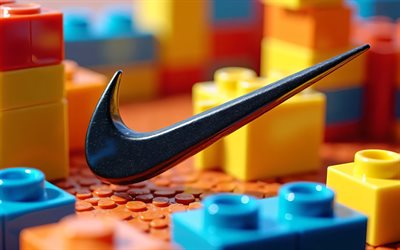 شعار نايك 3d, 4k, مبدع, خلفيات ليغو الملونة, علامات أزياء, شعار نايك الأسود, العلامات التجارية, العمل الفني, شعار نايك, نايك