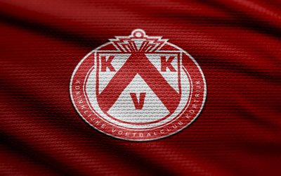 KV Kortrijk fabric logo, 4k, red fabric background, Jupiler Pro League, bokeh, soccer, KV Kortrijk logo, football, KV Kortrijk emblem, KV Kortrijk, belgian football club, Kortrijk FC