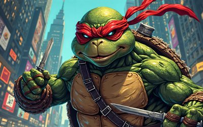 4k, ラファエル, 街並み, ティーンエイジミュータントニンジャタートルズ, クリエイティブ, tmnt文字, コミックアート, 変異したカメ, tmnt, 忍者タートルズ, ラファエルtmnt