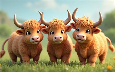 4k, cute 3d Highland cattle, cartoon 3d raccoon, cute animals, Highland cattle, 3d animals, cartoon 3d animals, funny Highland cattle, little Highland cattle, nature background
