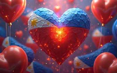 4k, ich liebe philippinen, bunte 3d  luftballons, kreativ, tag der philippinen, flagge der philippinen, 3d  kunst, herz mit philippinen flagge, 3d  herzen, philippinen flagge, philippinen, liebe zu den philippinen