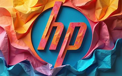 HP origami 3d logo, Hewlett-Packard, colorful paper background, Hewlett-Packard logo, HP, origami art, HP logo