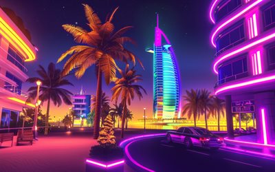 burj al arab, 4k, abstract nighscapes, dubai, opera d'arte, emirati arabi uniti, palme, golfo persico, creativo, paesaggio urbano di dubai, jumeirah, burj al arab art