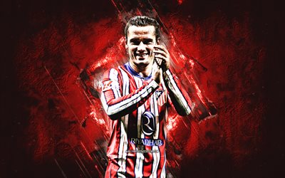 antoine griezmann, footballeur français, atletico madrid, fond de pierre rouge, grunge, la liga, football, espagne, antoine griezmann atletico madrid