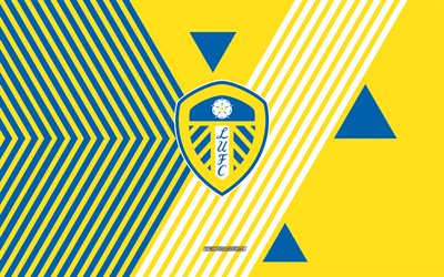 leeds united fc logosu, 4k, ingiliz futbol takımı, sarı mavi çizgiler arka plan, leeds united fc, şampiyonluk, ingiltere, hat sanatı, leeds united fc amblemi, futbol, leeds united