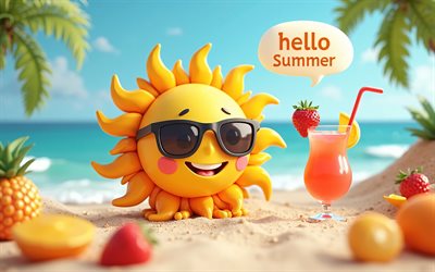 4k, hallo sommer, cartoonsonne, 3d  kunst, sprachblasen, hallo sommerwünsche, sommer, strand, cocktail, 3d  sonne, hallo sommerkonzepte, hallo sommer  inschrift