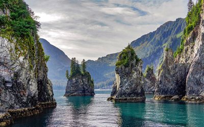 guine cove, 4k, estate, punti di riferimento americani, costa rocciosa, kenai fjords national park, alaska, usa, america, bella natura, fiordi