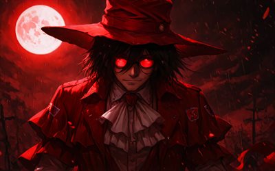 alucard, 4k, 빨간 달, 지옥, 밤, 비, 드라큘라 백작, 만화, 도라 쿠라, 지옥의 만화, alucard 캐릭터, alucard art, 지옥의 캐릭터, alucard hellsing