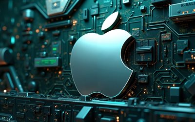 logo apple 3d, 4k, sfondo hi tech verde, logo apple, chips su un microcircuito, apple art, emblema di mela, sfondo con logo apple, mela