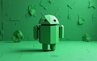 4k, Android green origami logo, green paper background, Android robot, Android 3D logo, origami art, Android