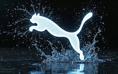 Puma glitter logo, 4k, water splashes, black backgrounds, fashion brands, Puma 3D logo, Puma white logo, creative, Puma logo, brands, Puma