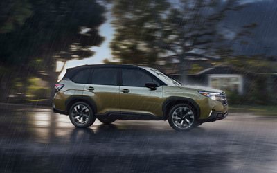 4k, subaru forester hybrid, pluie, suvs, 2025 voitures, blur de mouvement, green subaru forester, 2025 subaru forester, voitures japonaises, subaru forester, subaru