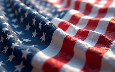 4k, abd bayrağı, makro, bokh, kapatmak, amerikan bayrağı, amerika, kumaş dalgaları abd bayrağı, amerika birleşik devletleri