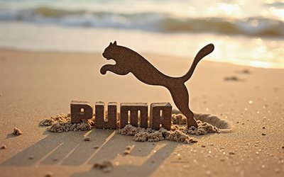 logo puma, 4k, estate, logo puma fatto di sabbia, spiaggia, logo puma 3d, sabbia, emblema puma, puma