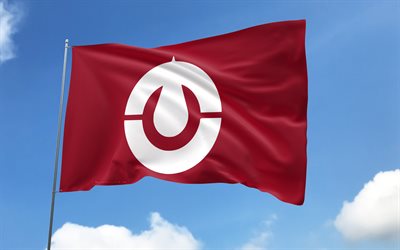 kochi  flagge auf fahnenmast, 4k, japanische präfekturen, blauer himmel, flagge von kochi, wellige satinflaggen, kochi  flagge, präfekturen japans, fahnenmast mit flaggen, tag von kochi, japan, kochi