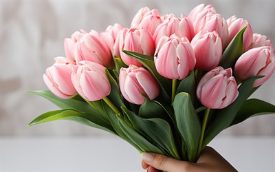 4k, rosa tulpen in der hand, nahaufnahme, frühlingsblumen, bokeh, tulpsstrauß, knospen, schöne blumen, pink tulpen, rosa blumen, frühling, tulpen, pink bouquet, hintergrund mit tulpen, blumenstrauß in der hand