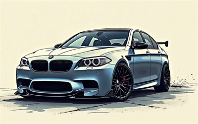 4k, BMW M5, minimalism, F10, creative, yellow backgrounds, Blue BMW M5, BMW M5 F10, german cars, BMW
